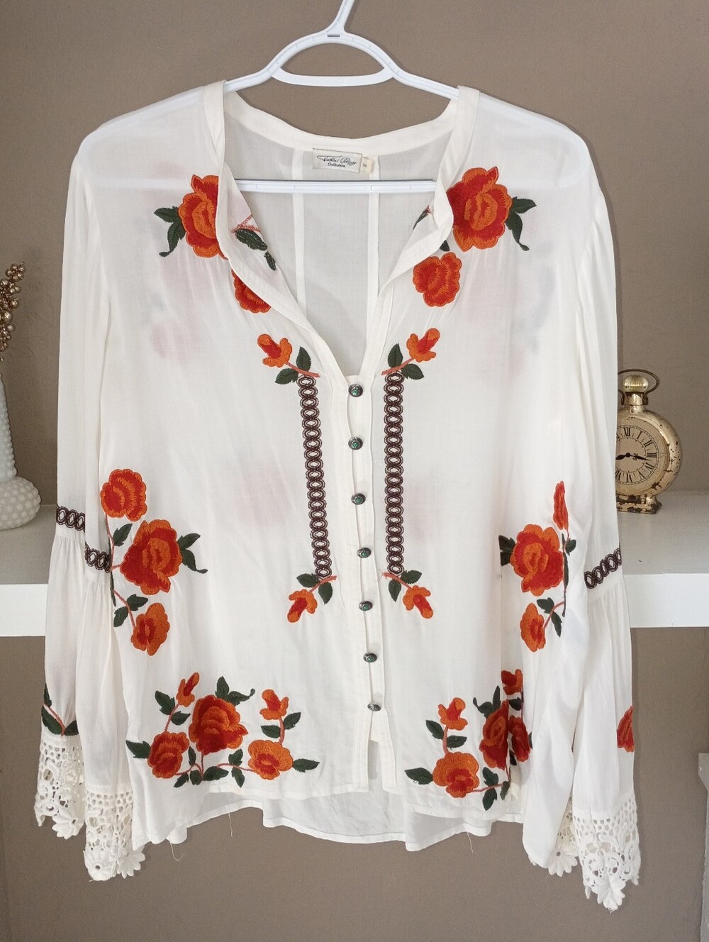 Boho  Cottage Collection  Floral Embroidered Button Pearl Snap Red White Blouse